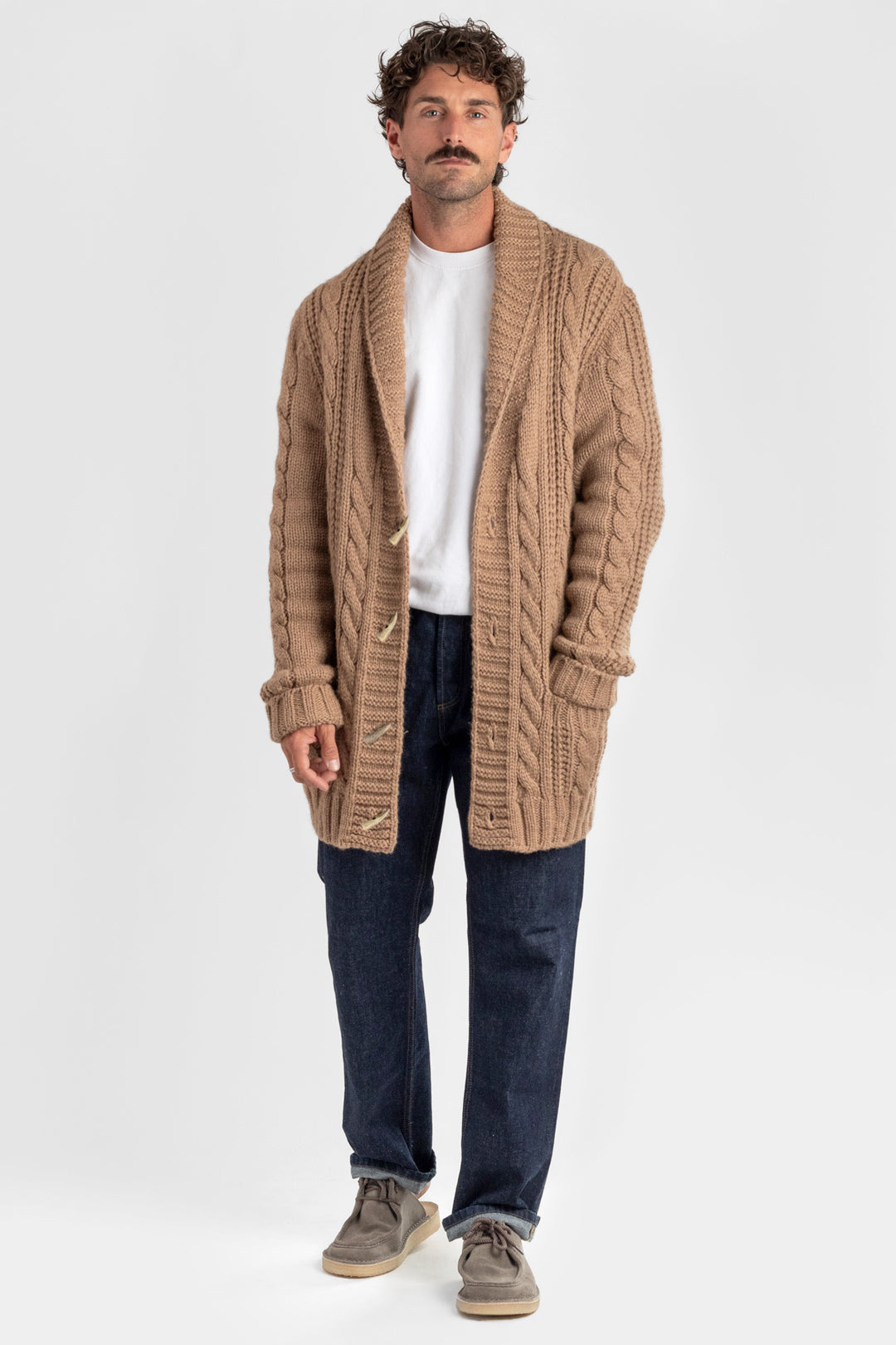 Mens Chunky Knit Camel Cable Jacket