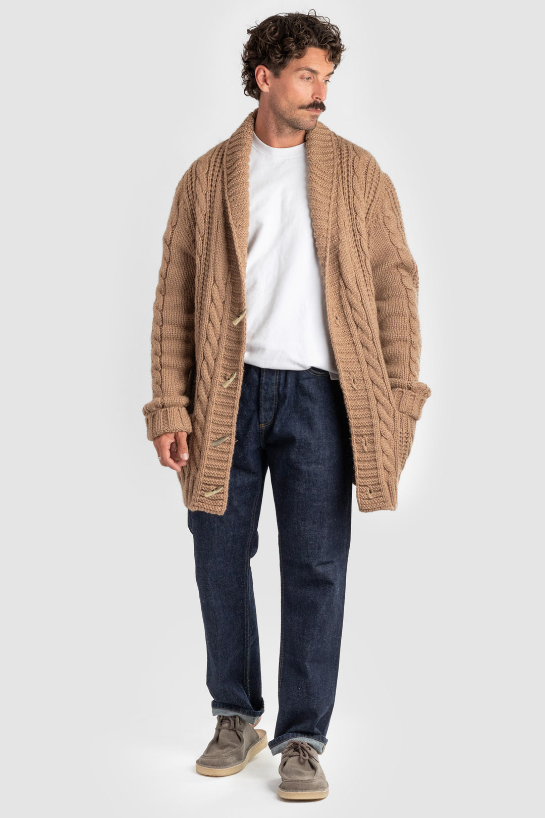 Mens Chunky Knit Camel Cable Jacket