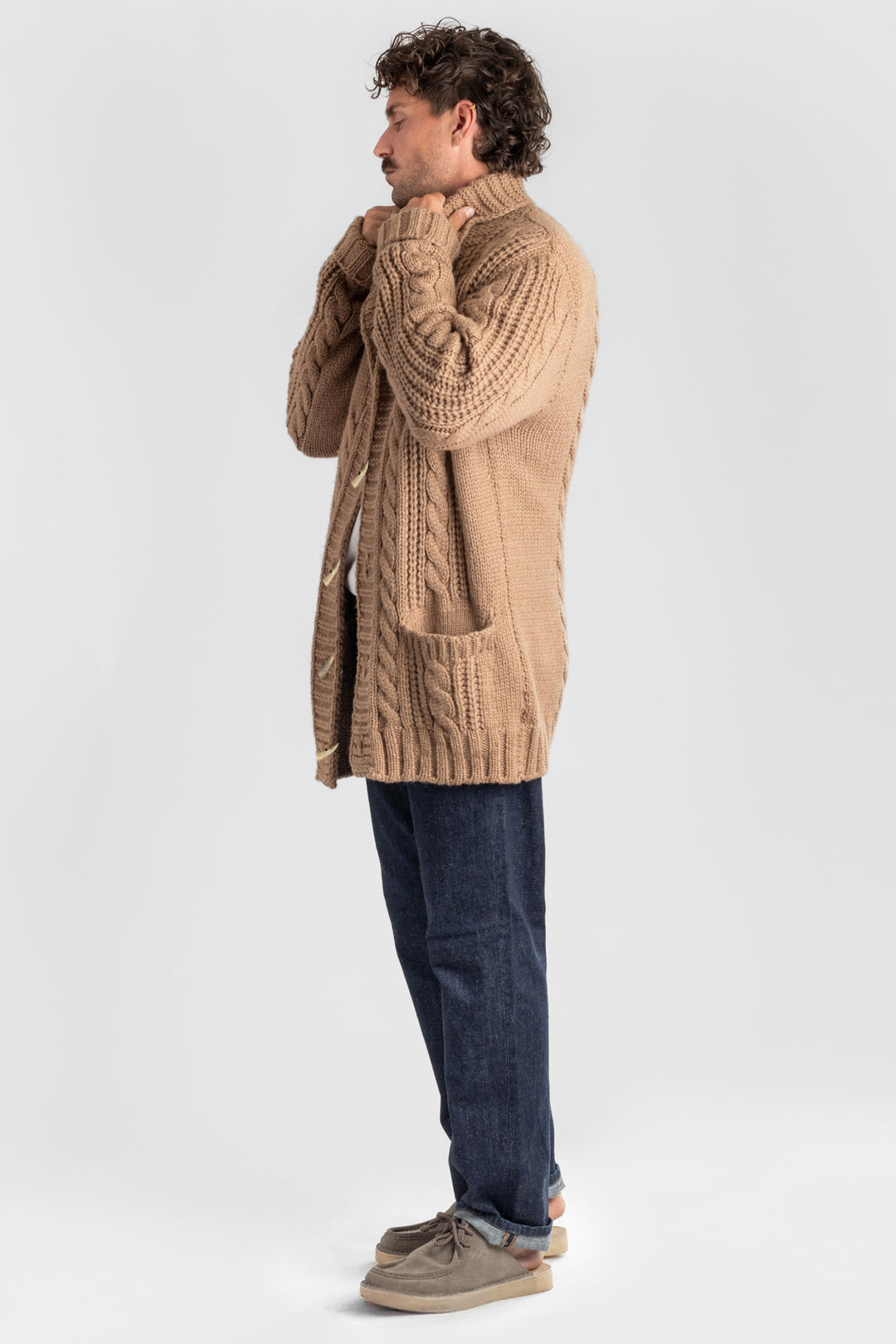 Mens Chunky Knit Camel Cable Jacket