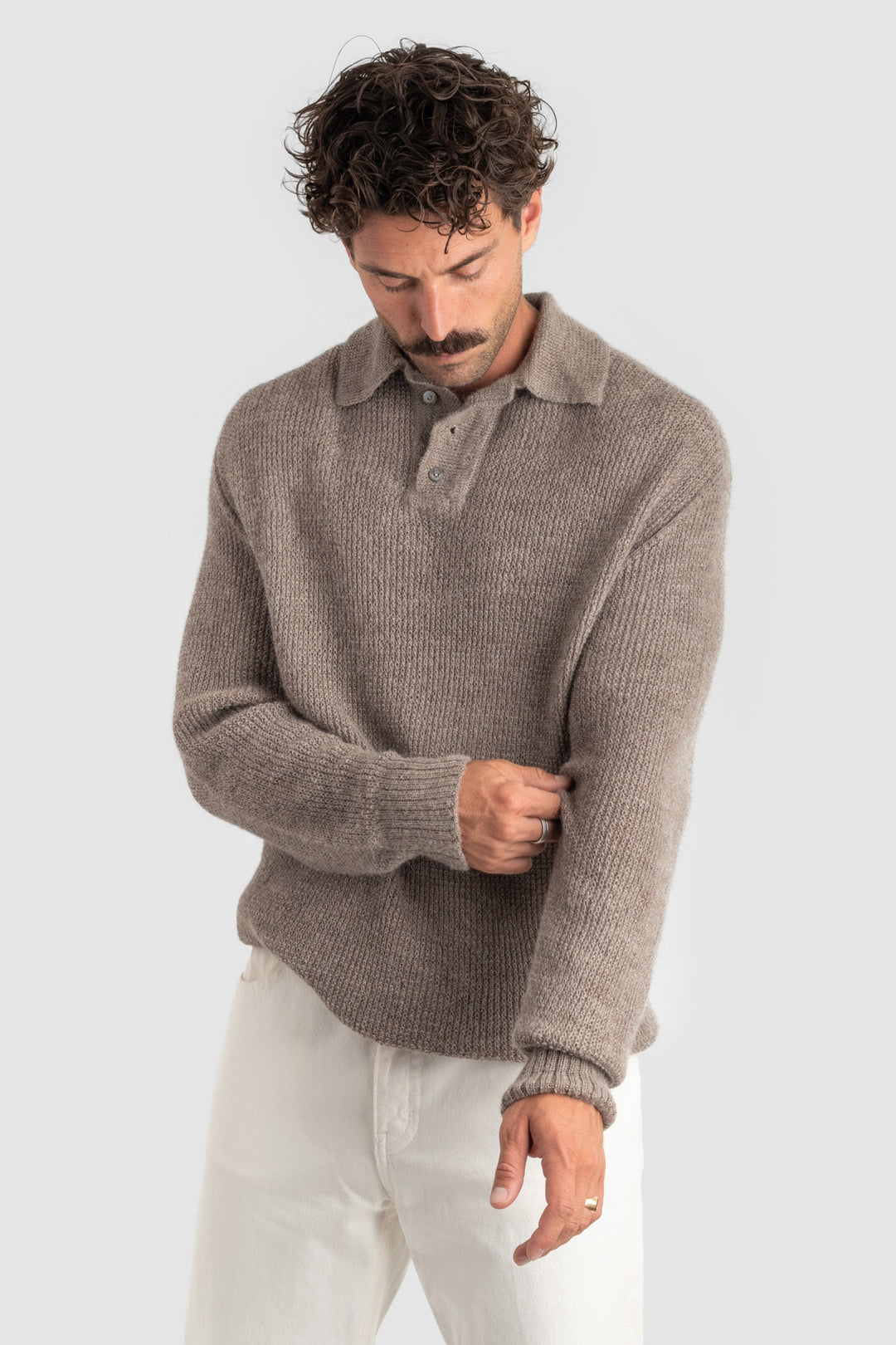 Man wearing a brown sweater with a collar on a white background #colour_fawn