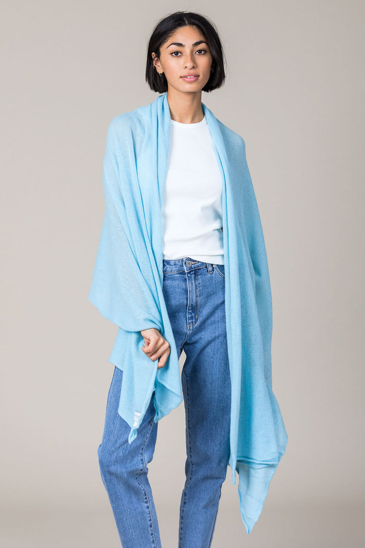 Cashmere Raw Edge Travel Wrap in Paradise Blue