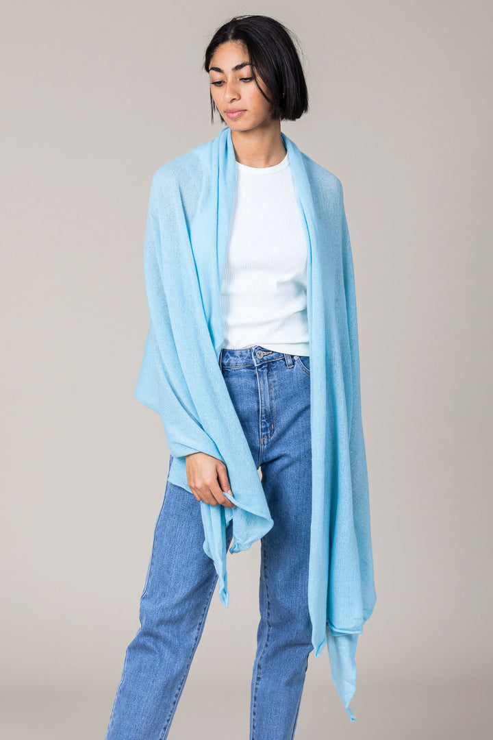 Cashmere Raw Edge Travel Wrap in Paradise Blue