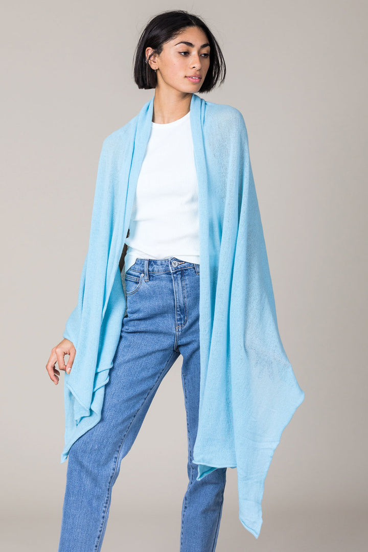 Cashmere Raw Edge Travel Wrap in Paradise Blue